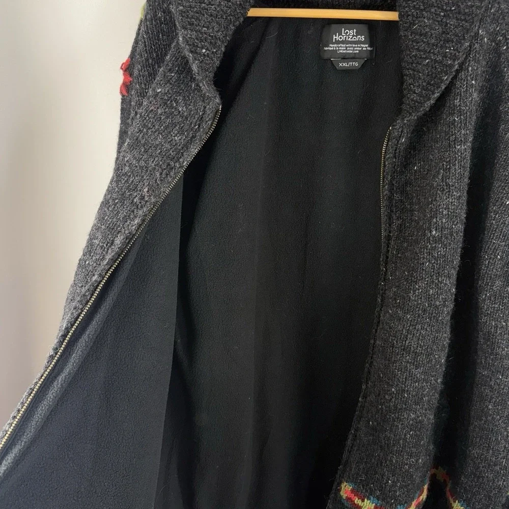 Lost Horizons Handcrafted Wool Jacket XXL Fleece Lined Nepal Deer Floral - Picture 6 of 11